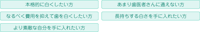 本格的に白くしたい方 あまり歯医者さんに通えない方 なるべく費用を抑えて歯を白くしたい方 長持ちする白さを手に入れたい方 より素敵な自分を手に入れたい方